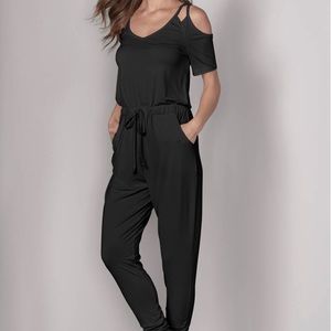 Venus Black Cold-Shoulder Jumpsuit